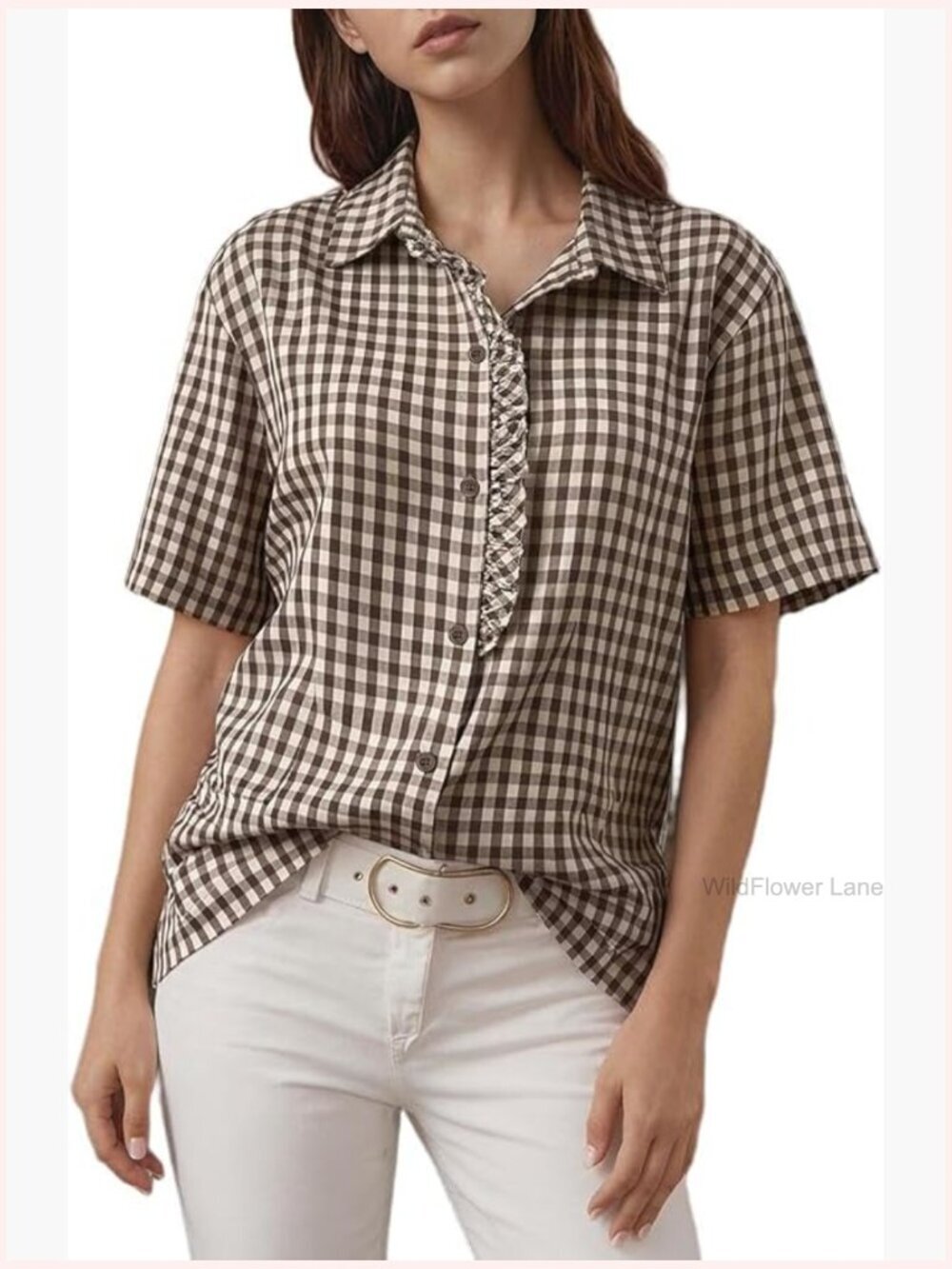 Short Sleeve Button Down Ruffle Plaid Blouse Top